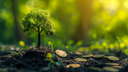 A money tree sprouting from a pile of coins symbolizing financial growth and success - obrazy, fototapety, plakaty