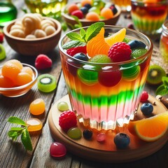colored sweet fruit jelly in a glass glass on a wooden table