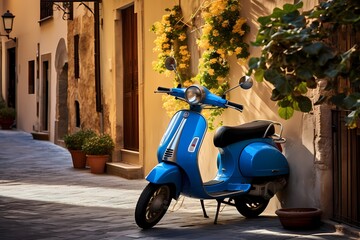 Delightful scene of a blue scooter resting on the side of a sunlit street in an Italian town, capturing the essence of leisure and simplicity