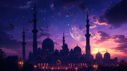 Enchanting Ramadan Night Mosque Embraced by Indigo Sky and Moonlight Glow