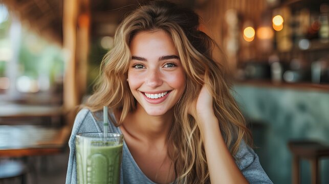 Young Girl Sitting At Cafe Drinking Smoothie