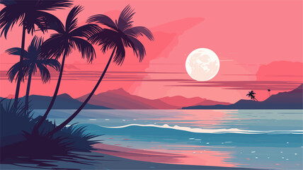 Vector art capturing the beauty of a beach during twilight  with palm trees  gentle waves  and a warm  dreamy color palette for a visually captivating and peaceful composition. simple minimalist - obrazy, fototapety, plakaty