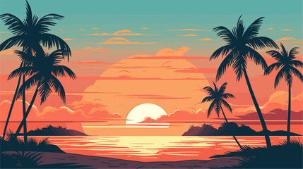 Fototapeta na wymiar Vector scene of a tropical beach at sunset showcasing palm trees gentle waves and warm hues for a visually enchanting and relaxing composition. simple minimalist illustration creative