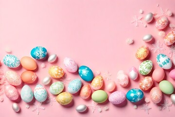 Fototapeta na wymiar Delicate pastel pink background adorned with vibrant Easter eggs and fluffy flakes, offering ample space for enchanting text.