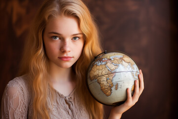 Naklejka premium Mysterious woman hugging vintage globe, symbolizing wanderlust.