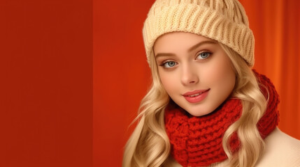 Woman in Knitted Hat and Scarf