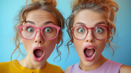 Close up portrait of two shocked young women in eyeglasses looking at camera