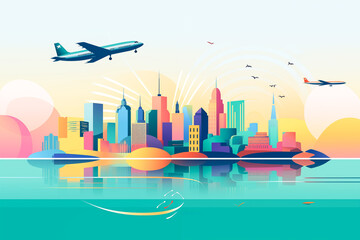 Fototapeta premium Minimalist travel illustration with world cities skyline and airplanes.