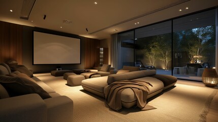 Cozy Movie Night in a Modern Living Room with Sleek Projector and Monochrome Decor