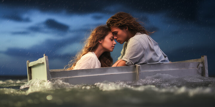 Drifting couple in sea storm, relationship difficulties.