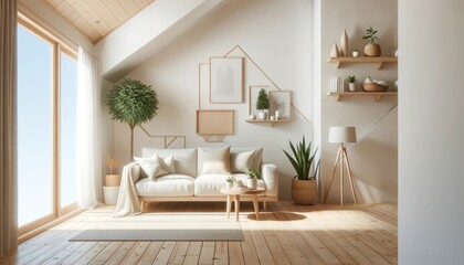 Bright Scandinavian-style interior with minimalist design, natural wood, and cozy seating