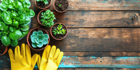 A pair of bright yellow gardening gloves lie ready among trays of lush green seedlings and blooming pink flowers on a rustic wooden background.	
