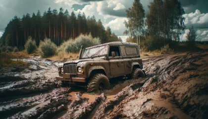 Fotobehang A rugged off-road vehicle stuck in deep mud, surrounded by a natural forest landscape under an overcast sky. © Oleg Kozlovskiy