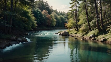 A river flows in middle of the forest