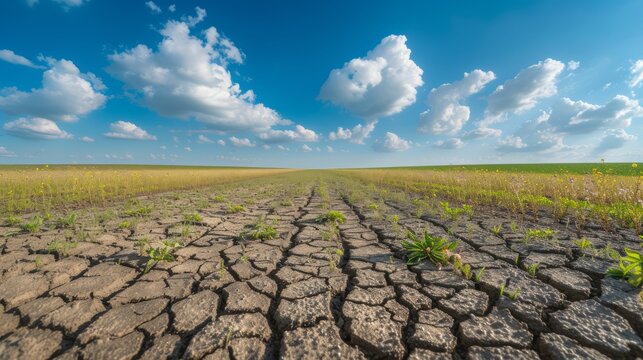 Drought-Stricken Field with Cracked Earth, Scant Vegetation Highlighting Climate Change Effects