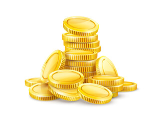 Set of Gold coins. Cash change money falling down and stacking in a pile for savings. Coins isolated on white transparent background. Vector illustration.