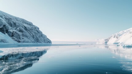 icy landscape, view of a melting glacier, stark contrast between ice and open water, clear sky