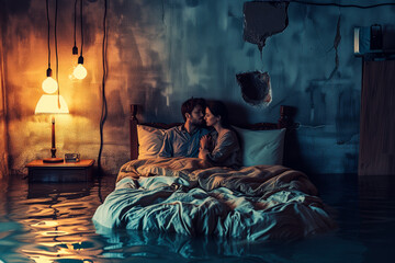 A couple's room submerged, signaling the end of their relationship and impending divorce.