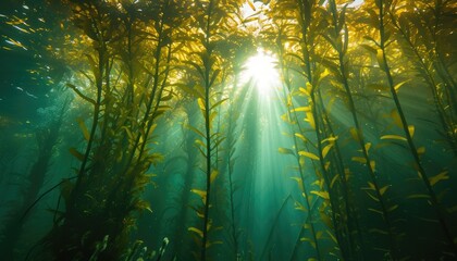 A kelp forest with tall stalks reaching the water surface