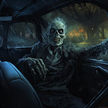 skeleton in the car