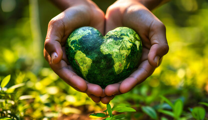 Heart of Nature, Hands Forming a Heart Shape Over Green Background, Expressing Love for the Environment and the Urgency of Conservation
