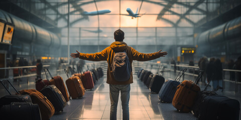 Man with open arms among suitcases at airport. - obrazy, fototapety, plakaty