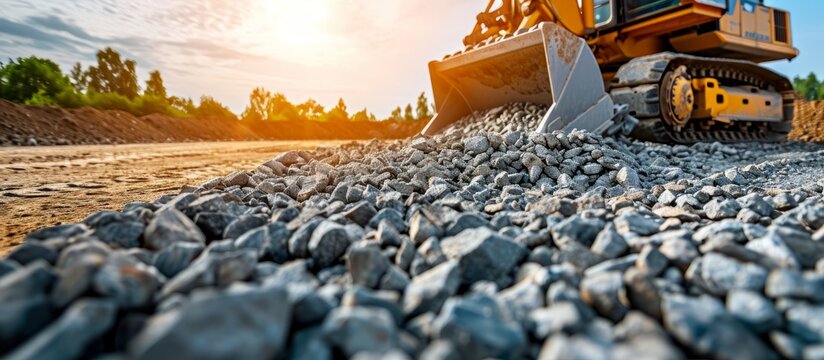Construction machine dumped broken gravel at construction site.