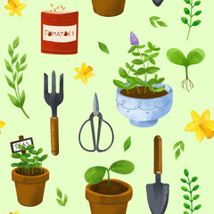 Seamless pattern. Garden set. Watering can, garden, tools, flowers, doodle, creativity, hobby. Cute spting patter. Drawing for clothes and papers. - 730888307