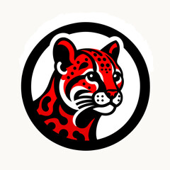 Ocelot Wildcat with Spots, Jungle Predator Feline Icon in a Striking Black and Red Emblem