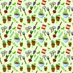 Seamless pattern. Garden set. Watering can, garden, tools, flowers, doodle, creativity, hobby. Cute spting patter. Drawing for clothes and papers. - 730888350