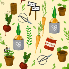 Seamless pattern. Garden set. Watering can, garden, tools, flowers, doodle, creativity, hobby. Cute spting patter. Drawing for clothes and papers. - 730888360