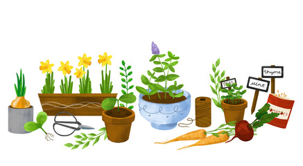 Set of garden elements. Hand drawn illustration. Spring Gardening clipart, Garden tools set, Garden elements.Spring time, garden work, seedling, pots. - 730888372
