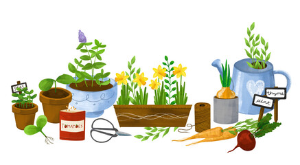 Set of garden elements. Hand drawn illustration. Spring Gardening clipart, Garden tools set, Garden elements.Spring time, garden work, seedling, pots. - 730888378