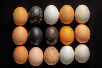 Multicolored chicken egg and black eggs in geometric composition