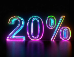 20 % Texto escrito em luz de neon com fundo preto e superfície reluzente. 