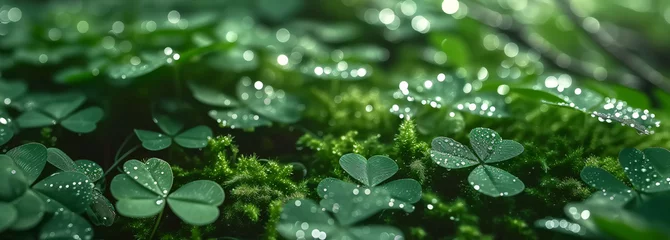 Photo sur Plexiglas Vert morning dew on clover leaves in a lush, vibrant meadow, saint patrick concept