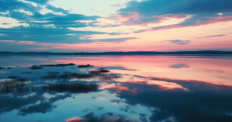 Fototapeta na wymiar Calm waters the soft glow of sunset on the lake