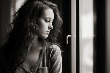 Young woman watching someone leave yard through window, black and white