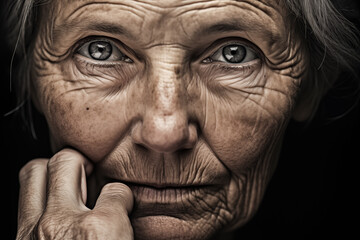 Close-up of aged woman with wrinkled face and blue eyes.