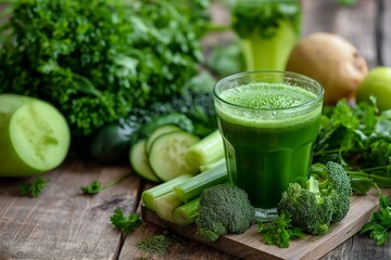 A collection of green and red vegetables, health drinks, and wellness juices. generative ai