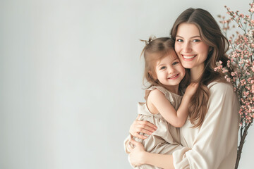 Glückliche, lächelnde Mutter mit ihrer Tochter vor hellem Hintergrund - obrazy, fototapety, plakaty