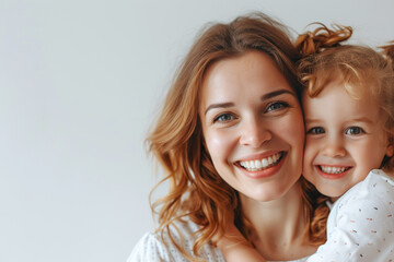 Glückliche, lächelnde Mutter mit ihrer Tochter vor hellem Hintergrund - obrazy, fototapety, plakaty