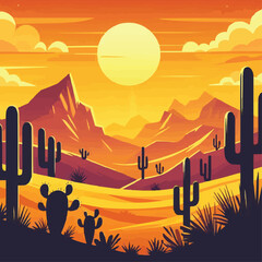 Vector desert sunset silhouette landscape arizona or mexico western cartoon background with wild cactus canyon mountain