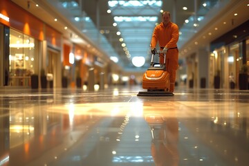 A cleaning operative expertly maneuvers a high-speed polishing machine, humming as it revives a dull floor into a gleaming walkway. - obrazy, fototapety, plakaty