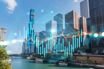 Fototapeta premium Skyscrapers Cityscape Downtown View, Chicago Skyline Buildings. Beautiful Real Estate. Day time. Forex Financial graph and chart hologram. Business education concept.