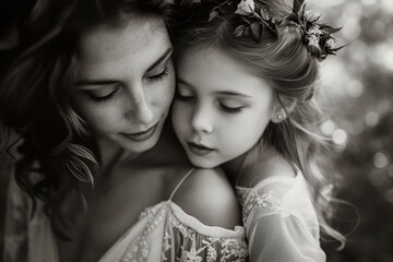 Liebevolle Mutter mit ihrer Tochter in einer Umarmung - obrazy, fototapety, plakaty