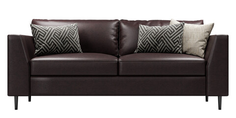 Modern and luxury brown leather sofa with pillows isolated on white background. Furniture...