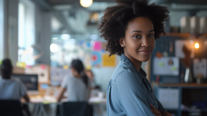 Amidst the buzzing atmosphere of a tech startup office, a business woman spearheads the development of a groundbreaking app, her innovative mindset and entrepreneurial spirit driving her team
