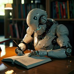 Fototapeta premium Advances in robot technology learn with children, interact with humans and sit in class, both for advertising, blogs, education, web, social media, business, etc. Generative Ai