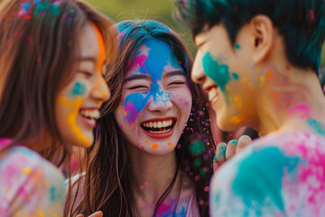Korean girls and a guy with blue powder on their faces and clothes at the Holi festival of colors. - Powered by Adobe